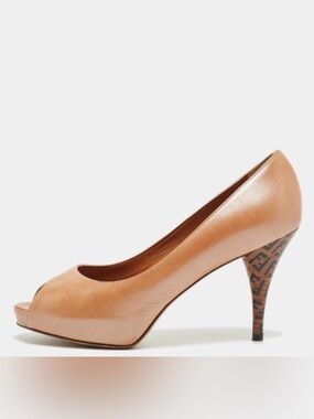 Vintage Fendi Leather Zucca Print Heel Peep Toe Platform Pumps Size 35 Nude Tan
